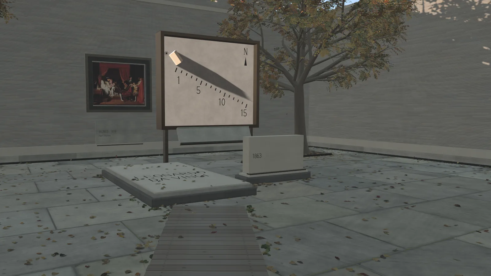 A walled court in low sun, a young tree in autumn leaves. On the paving a pale slab with the name Leonardo da Vinci, behind it a board on two posts with a small block and its long shadow, and a small stone with a year. At the left a painting in a dark frame. A still from the museum's film.