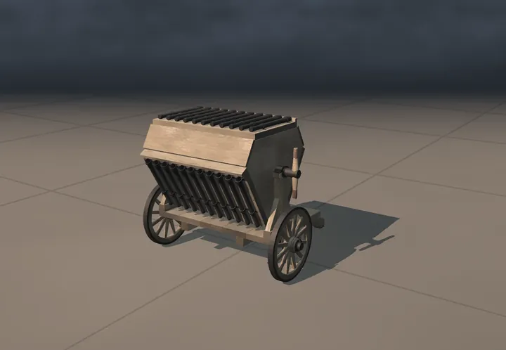Gun with three rows of barrels. The museum's reconstruction, built in code. A still from its film.