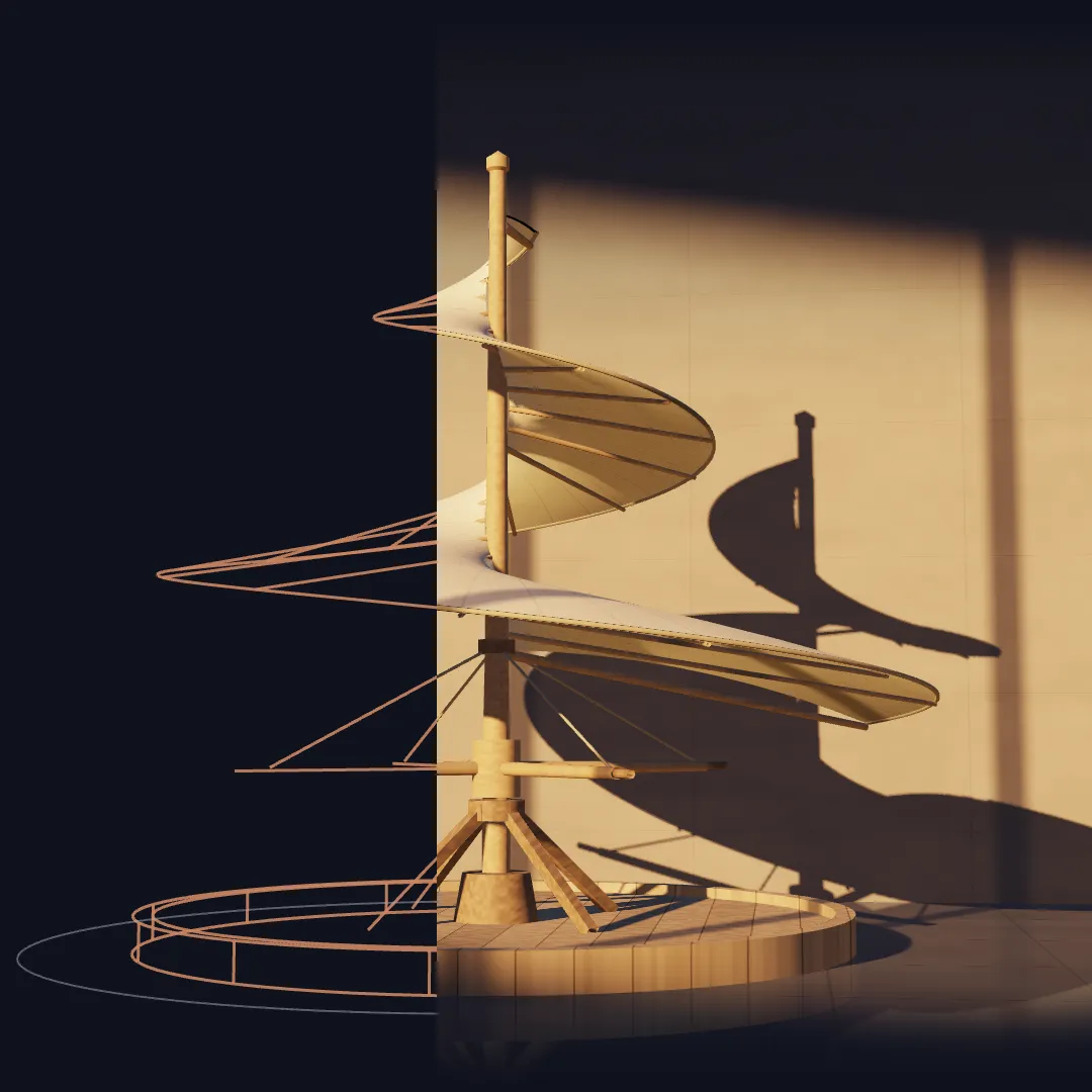 A model of the aerial screw, split by a line of red chalk. On the left it is drawn in red chalk lines, on the right it is built in wood and linen, in low sun, with its shadow on the wall behind.