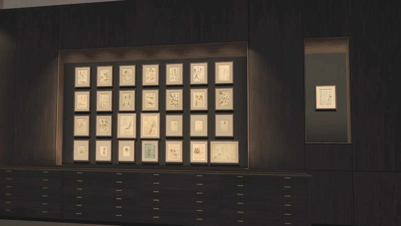 A dark panelled wall with a lit case of framed drawings in four rows, a chest of flat drawers below it and one more framed drawing apart on the right. A still from the museum's film.