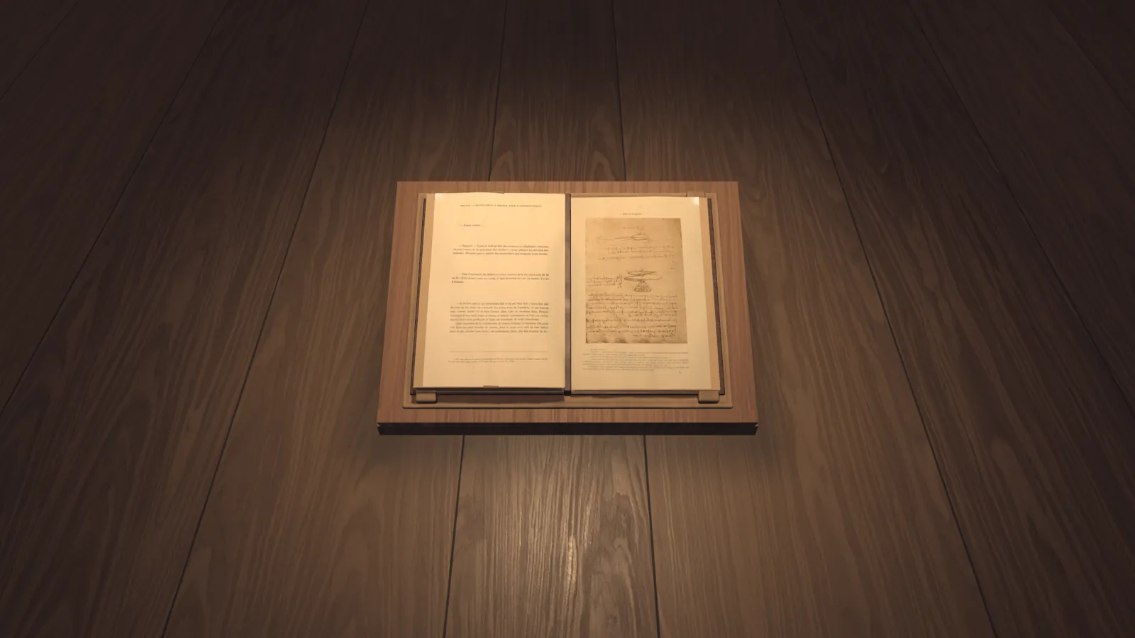 An open book on a wooden table under warm light. The left page is printed text, the right page shows a notebook page with a drawing. A still from the museum's film. The pages are from a printed copy of 1883.