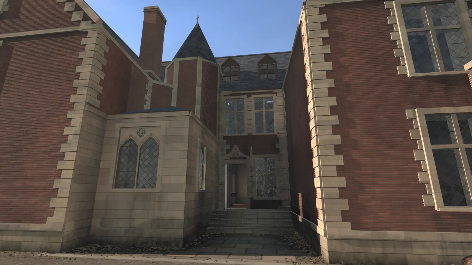 A narrow yard between tall brick walls with stone corners. Steps lead up to the door of a brick house with a small tower. A still from the museum's film.