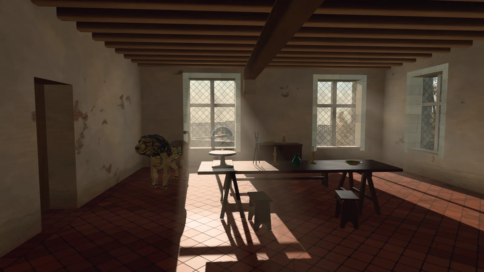 A room with a beamed ceiling, red floor tiles and lattice windows. Afternoon sun falls across a long trestle table with two small models on it. A mechanical lion stands by the wall on the left. A still from the museum's film. The room is a reconstruction built in code.