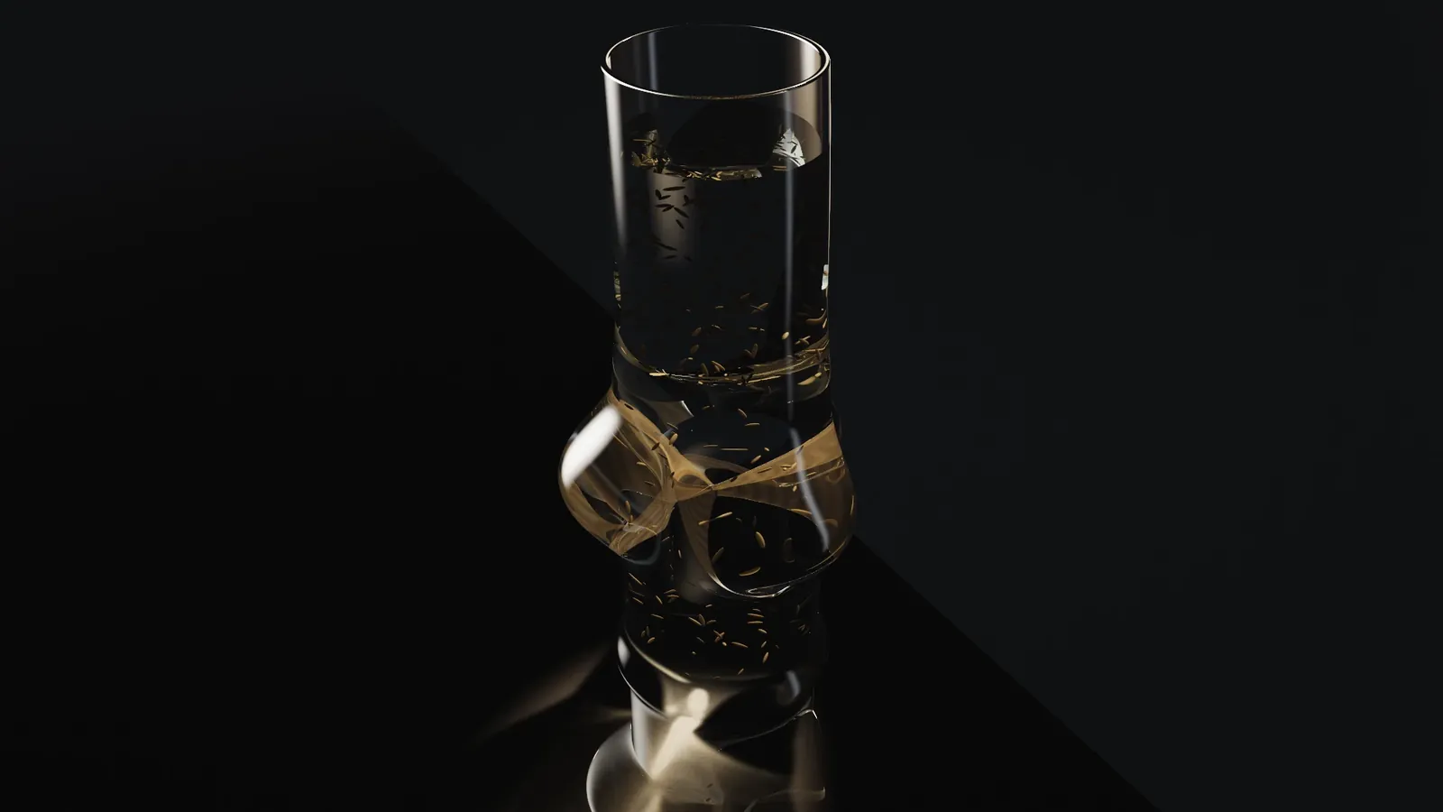 A glass vessel with a narrow waist stands on black. Fine gold grains drift inside it and gather in a pale band at the waist. A still from the museum's film of its own model.