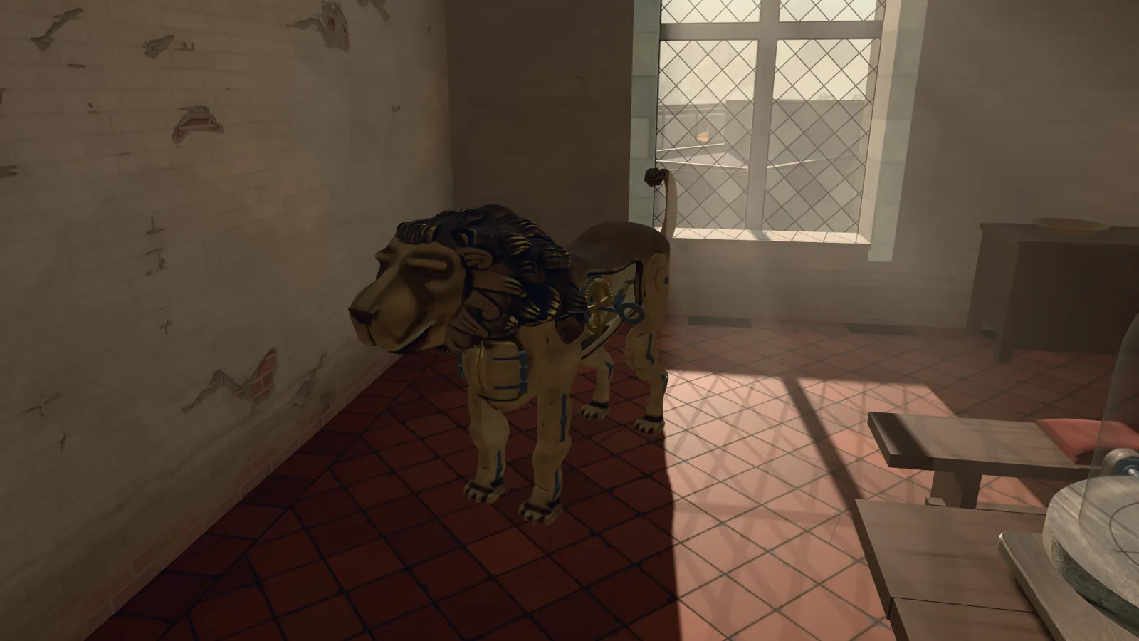 A lion of wood and metal with gears showing in its flank stands on red floor tiles by a lattice window, in afternoon sun. At the right the end of a bench and a table. A still from the museum's film. The room is a reconstruction built in code.