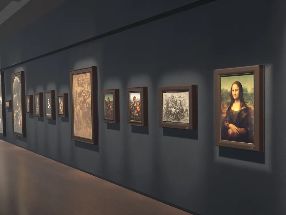 A long dark blue wall hung with framed reproductions under spotlights. The Mona Lisa hangs among them, and more frames run on to her left. A still from the museum's film.