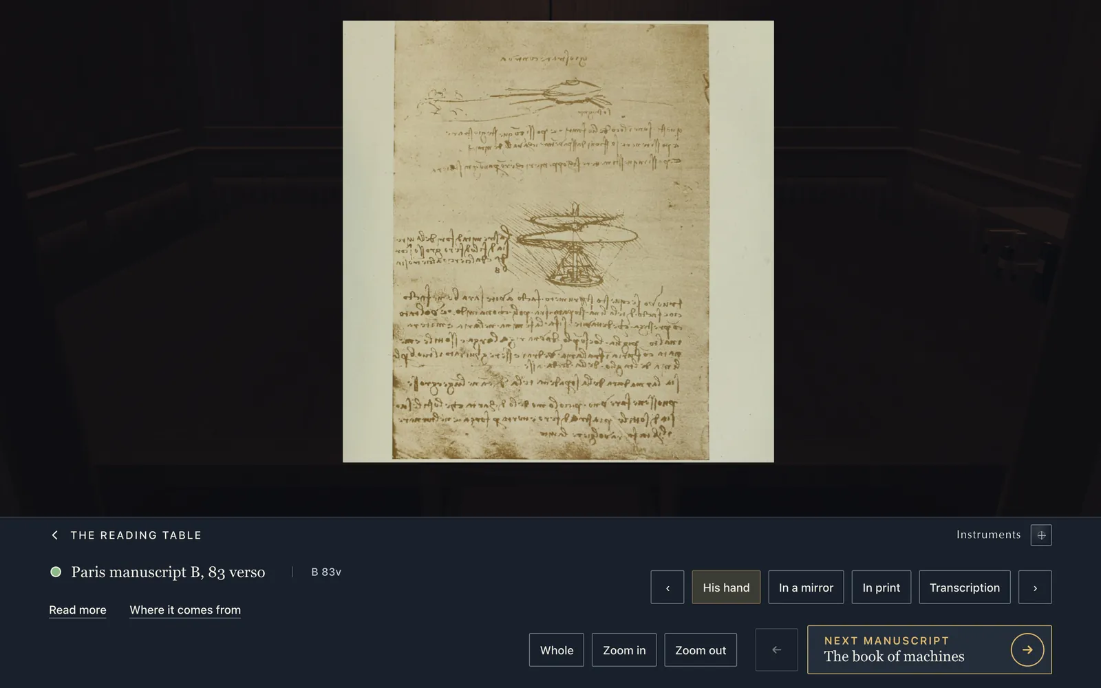 A screenshot of the wing's reading table: the page of the printed facsimile at the close view, a sheet in sepia with the drawing of the aerial screw and lines of mirror writing, lit on the dark table.