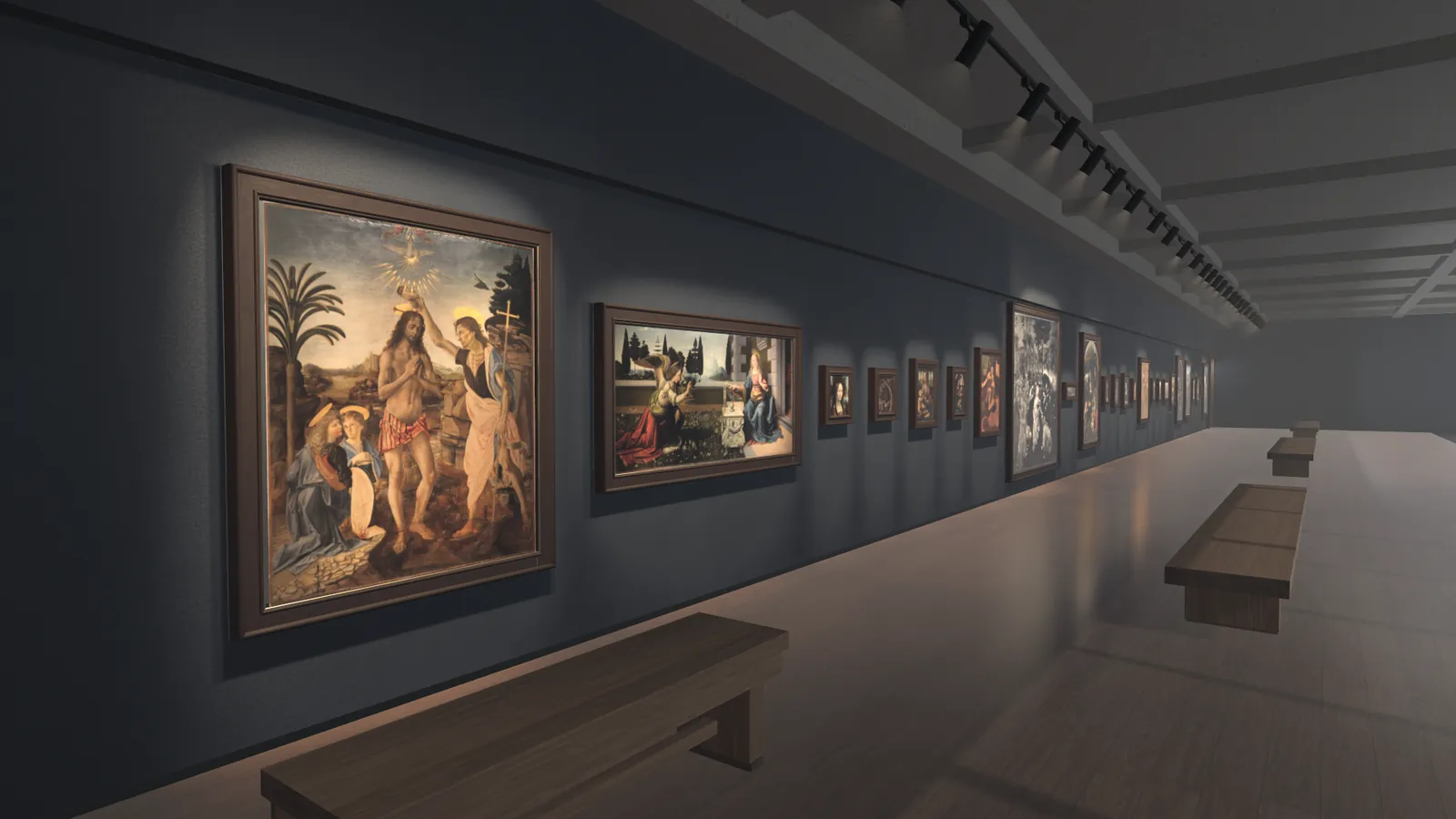 A long wall in dark blue hung with framed reproductions of paintings under spotlights, the nearest two The Baptism of Christ and the Annunciation. Wooden benches stand in front of the wall. A still from the museum's film.