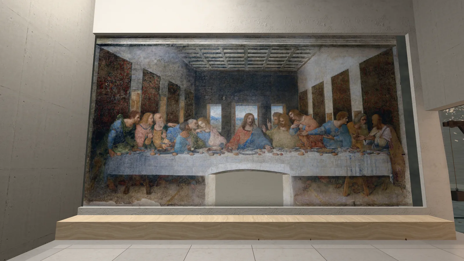 A reproduction of the Last Supper fills a pale wall in a court: a row of figures at a long table in a painted room. A still from the museum's film.