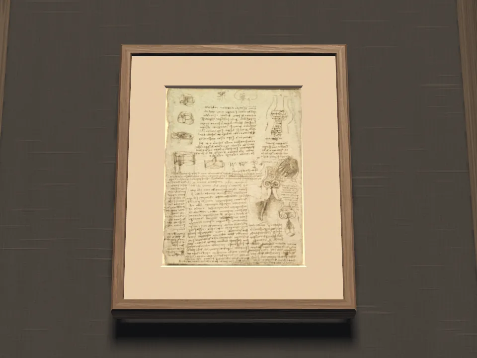 A drawing in a pale mat and a thin wooden frame hangs alone on a dark wall: a page of small sketches of the heart and lines of mirror writing. A still from the museum's film.
