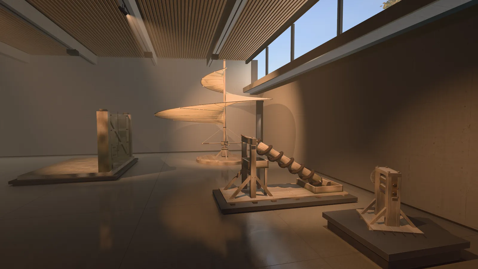 A high hall with a slatted wooden ceiling and a band of windows, in warm low sun. Wooden machines stand on low plinths: lock gates, the aerial screw with its spiral sail, a water screw and a rolling mill. A still from the museum's film. The machines are reconstructions built in code.