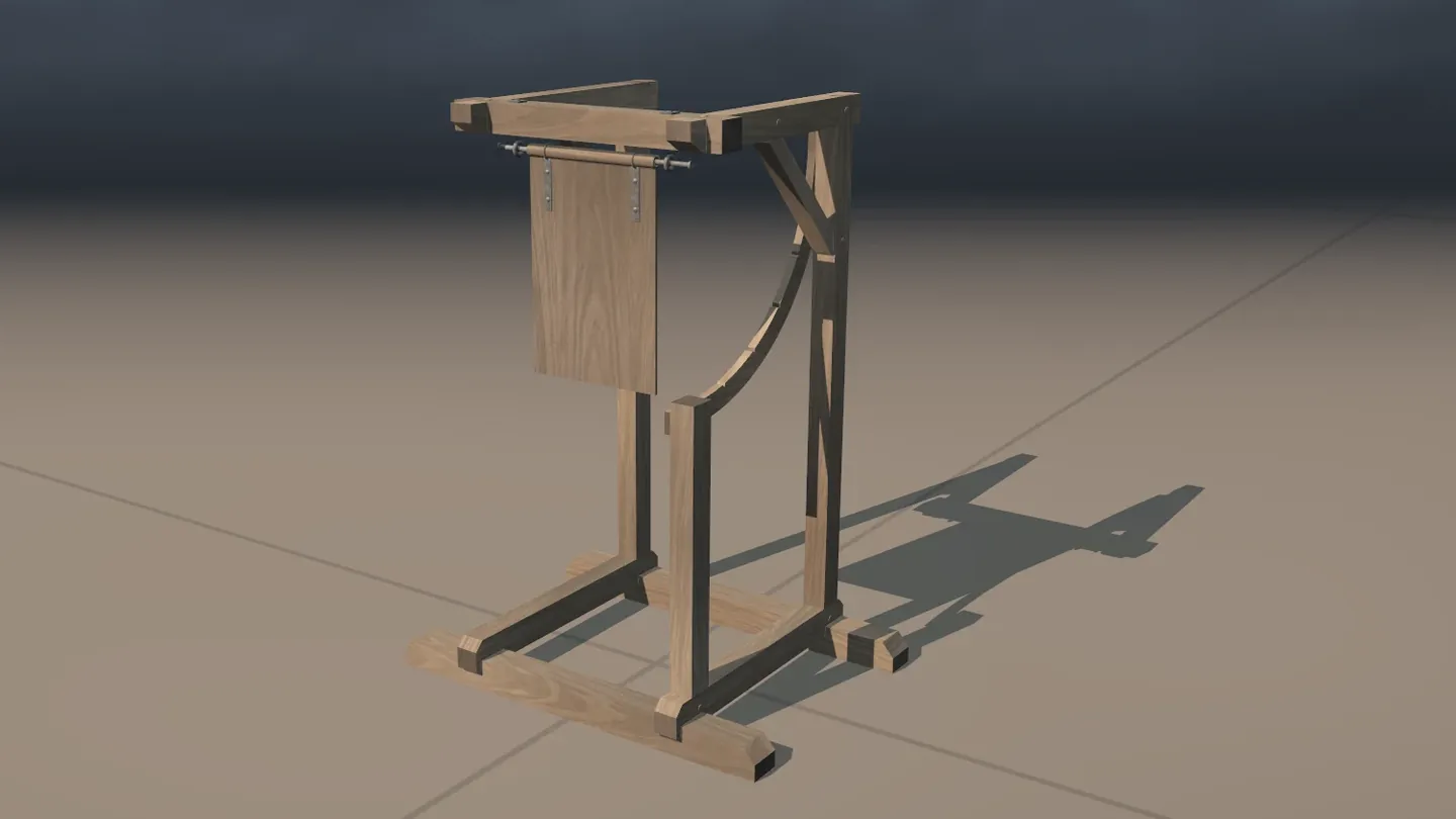 The anemometer alone on a tiled floor: a wooden frame on two feet with a square board hanging from its top bar and a curved scale beside it.