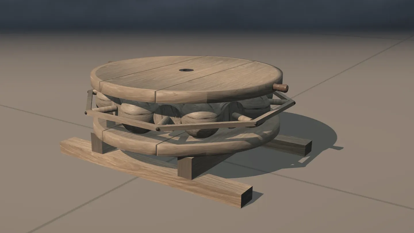 The ball bearing alone on a tiled floor: a thick round plate with a hole in its centre rests on a ring of balls above a second ring, on two wooden beams.
