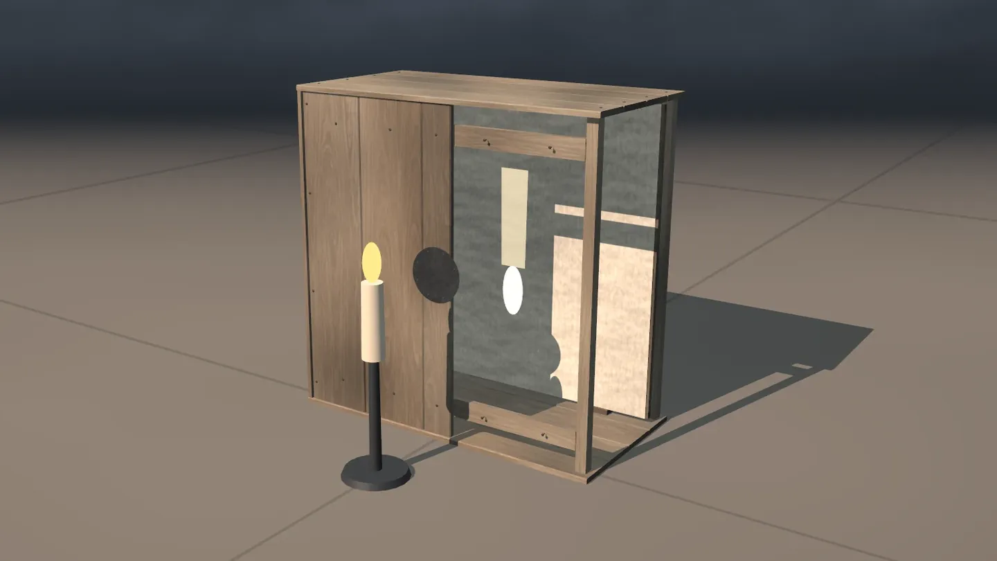 The camera obscura alone on a tiled floor: a wooden box, open at one side to show the inside. A candle burns in front of the wall with the small hole, and inside the box its picture stands upside down.