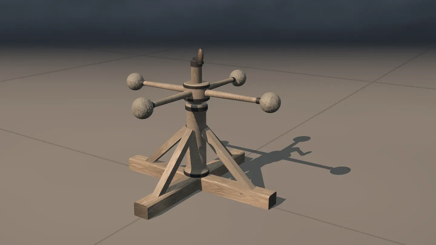 The flywheel alone on a tiled floor: an upright post on a cross-shaped foot carries four spokes, each with a ball at its end.