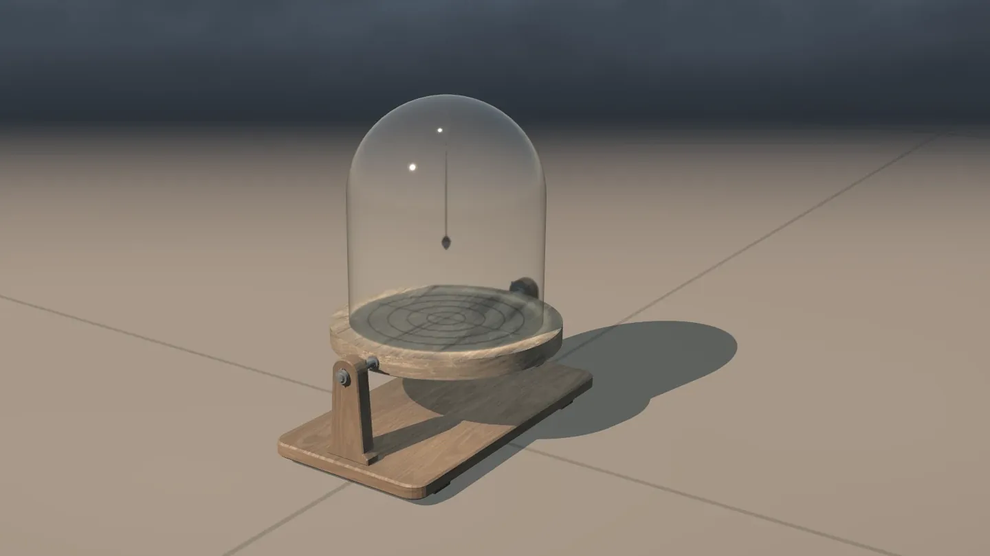The inclinometer alone on a tiled floor: a glass dome over a round plate marked with circles, a small weight hanging on a thread inside it, on a wooden stand.