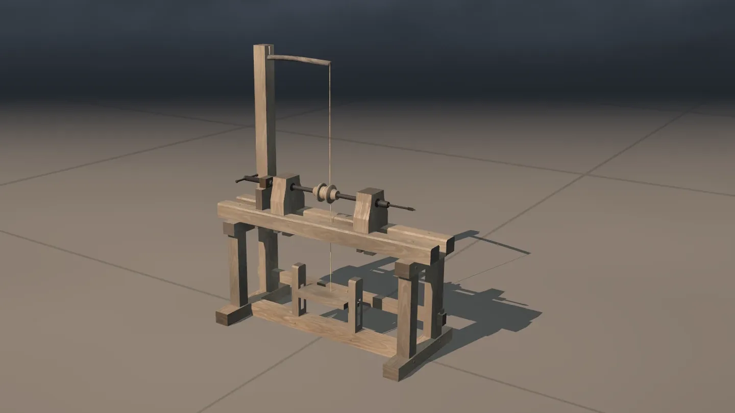 The drilling machine alone on a tiled floor: a low wooden bench with a spindle, and above it a tall post with a thin bent rod and a cord that runs down to the spindle.