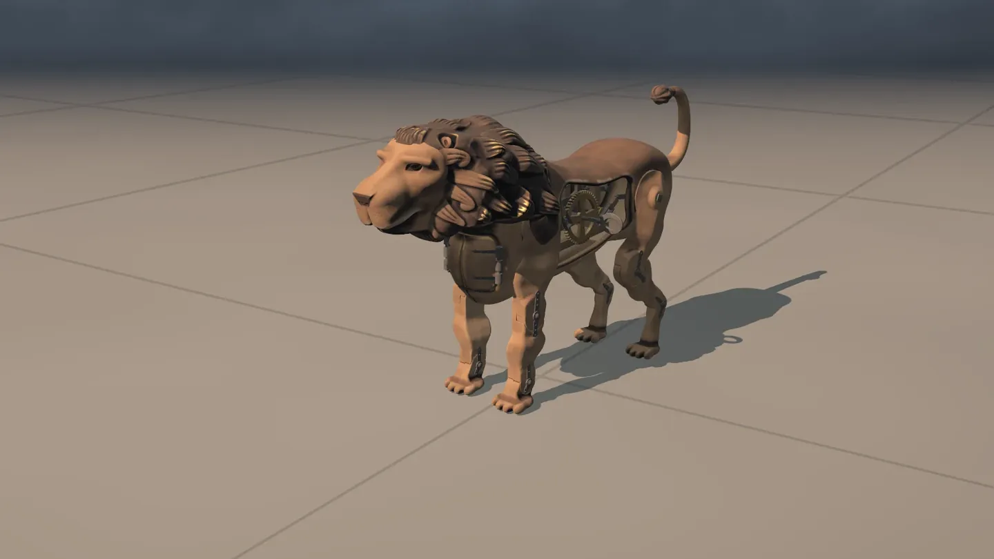 The mechanical lion alone on a tiled floor: a lion of wood and metal with its tail raised, the wheels of its works showing in its flank.