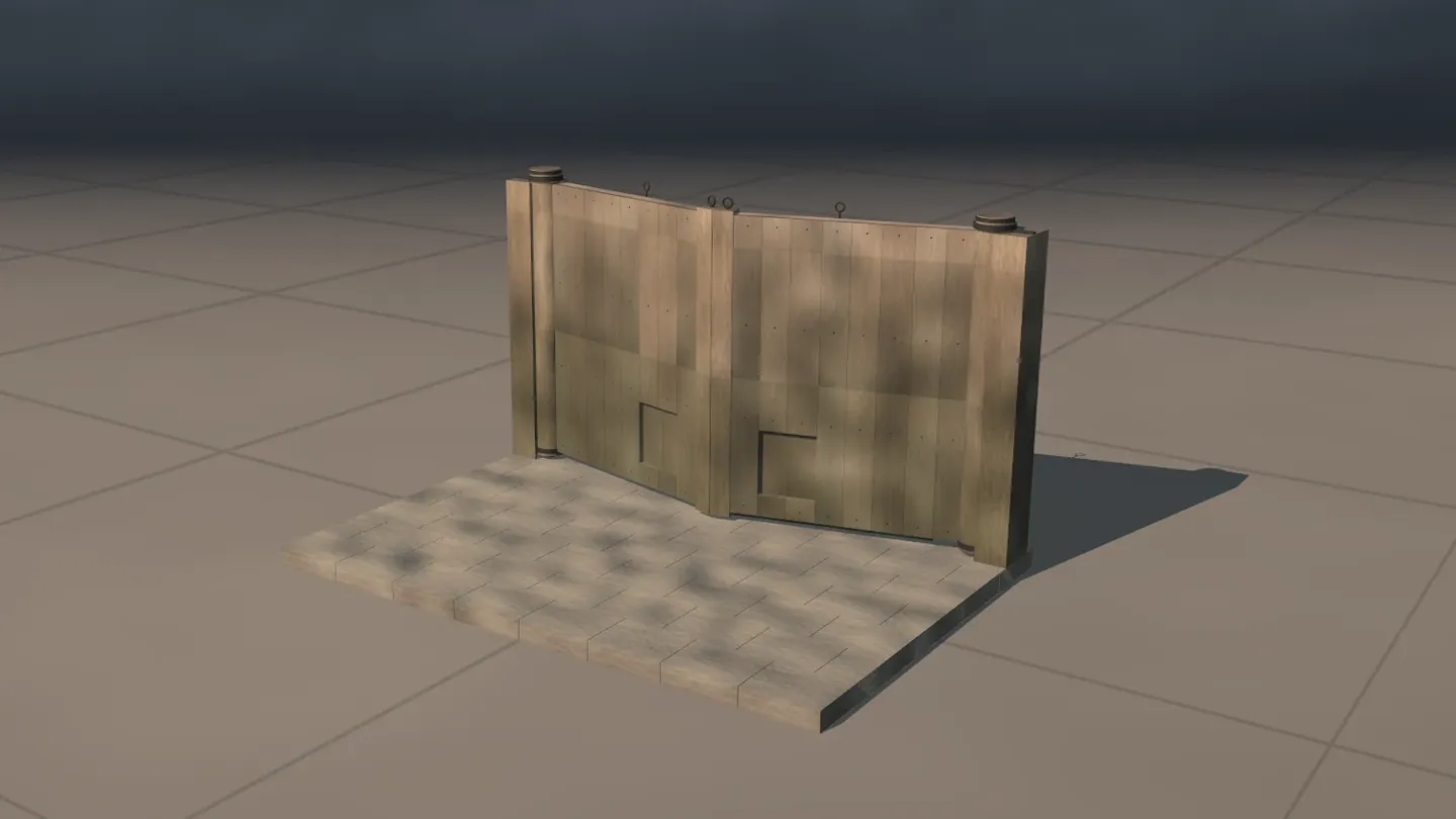 The lock gates alone on a tiled floor: two wooden leaves on a stone sill meet at a slight angle, each with a small square door near its foot.