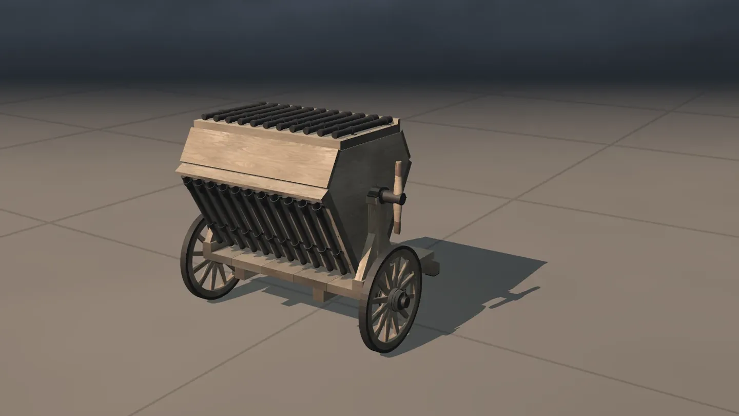The organ gun alone on a tiled floor: a cart on two spoked wheels carries a frame with rows of dark barrels and a handle at its side.