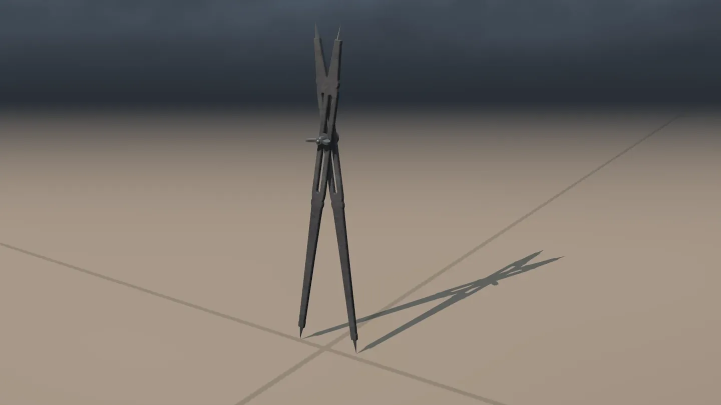 The proportional compass standing on its two long points on a tiled floor: two dark legs cross at a pivot, with two short points above it.