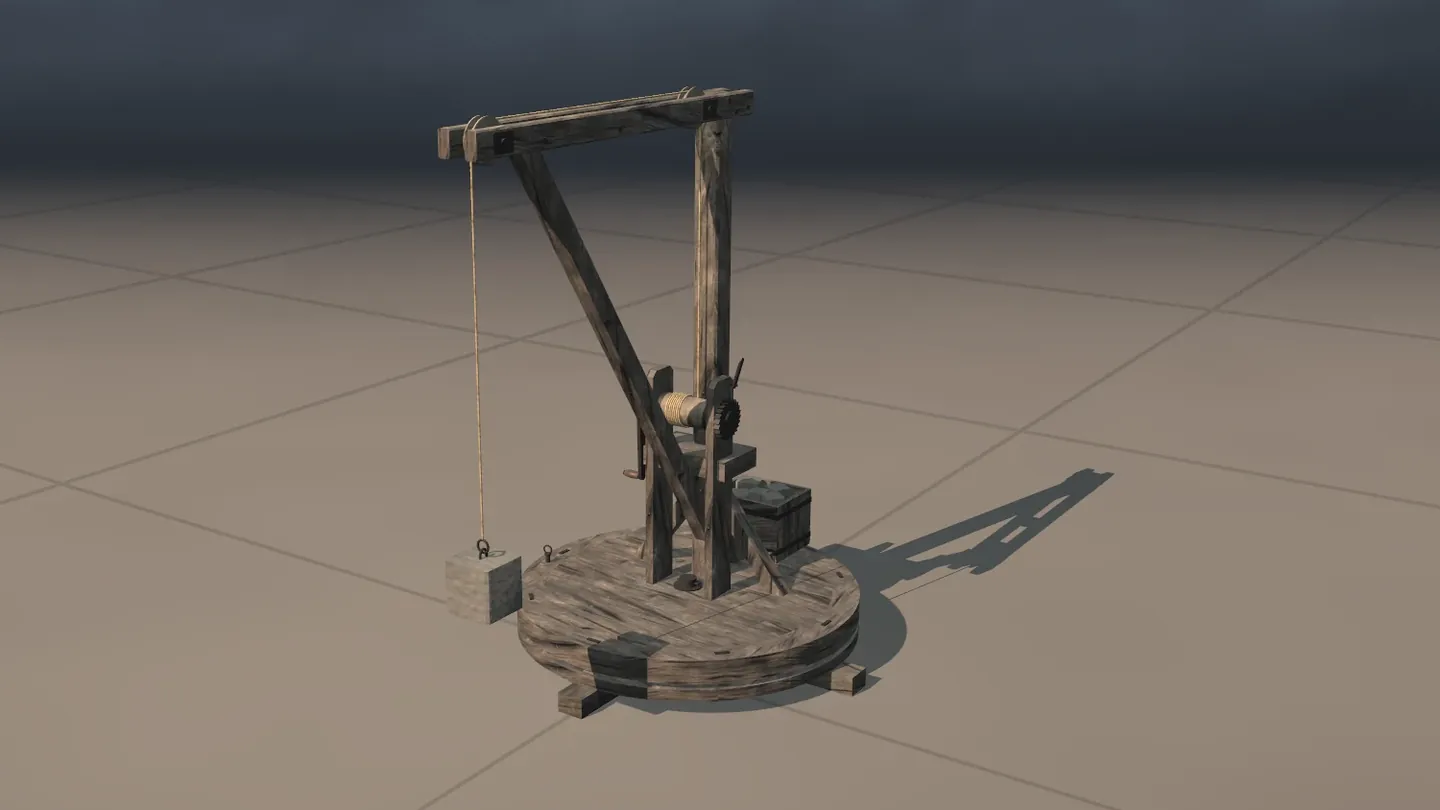 The revolving crane alone on a tiled floor: a post with one jib on a round turning base, and a rope with a stone block hanging from the jib.