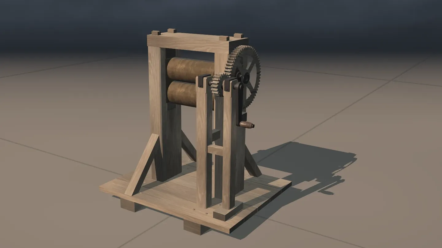 The rolling mill alone on a tiled floor: two rollers, one above the other, between wooden uprights, with a large toothed wheel and a crank at the side.