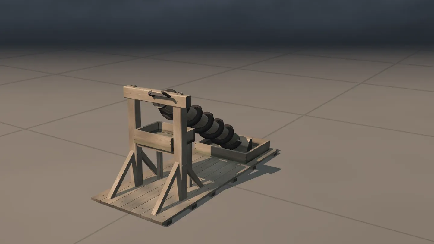 The water screw alone on a tiled floor: a slanted shaft wound with dark coils lies in a wooden frame, its lower end in a trough.