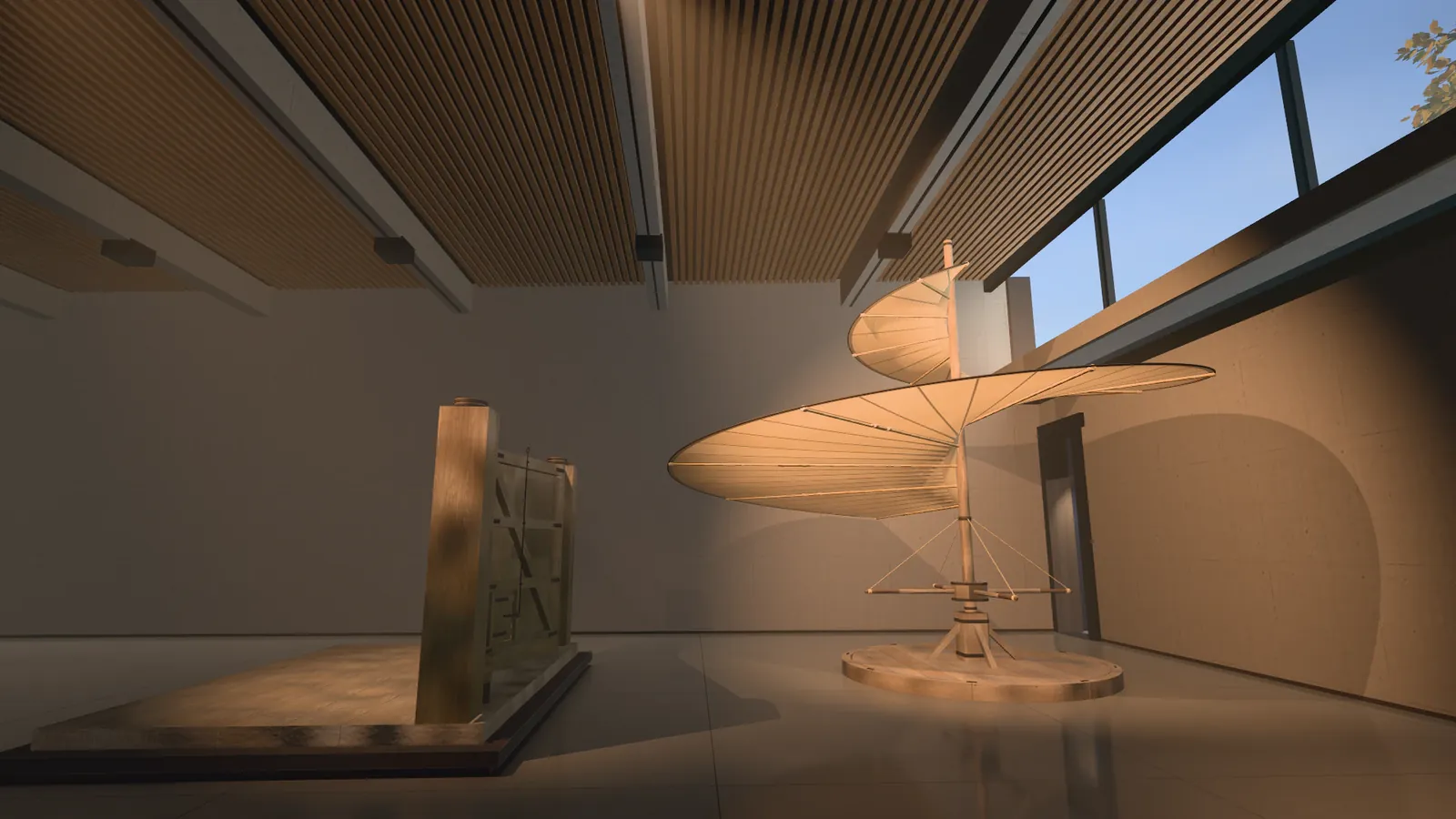 The aerial screw stands in a high hall with a slatted wooden ceiling: a wooden mast on a round base with a spiral sail of linen, lit by low afternoon sun that throws its shadow on the wall. At the left stand wooden lock gates on a low plinth.