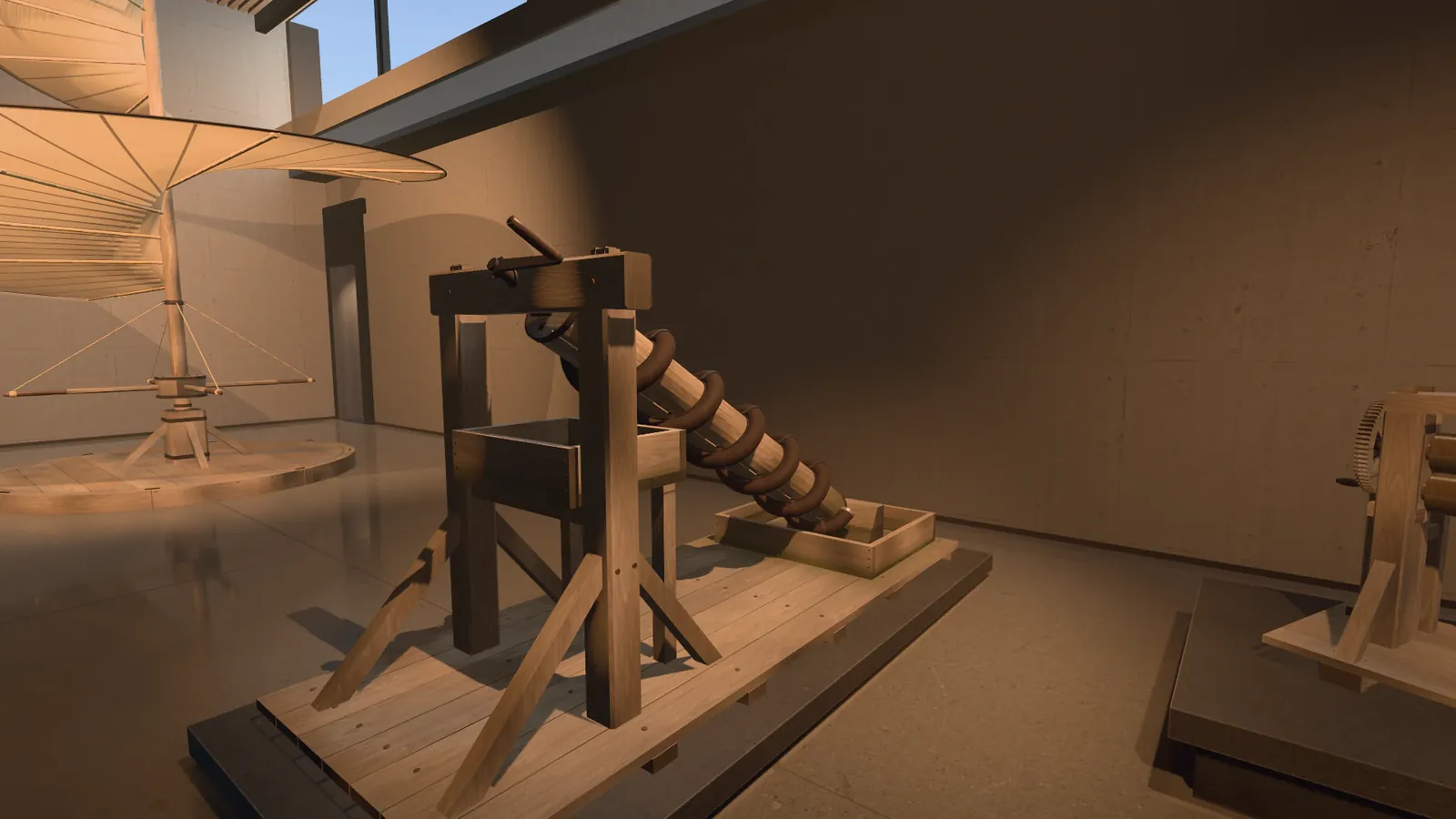 A wooden water screw stands on a low plinth in a hall with bare walls: a slanted shaft wound with dark coils in a frame, its lower end in a trough. Behind it at the left the spiral sail of the aerial screw, at the right edge the toothed wheel of the rolling mill. Low afternoon sun falls in through a band of windows.